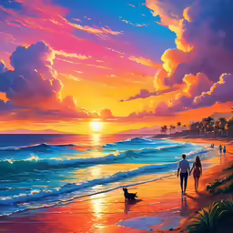 sunset over the ocean with people walking on the beach and a dog on the sand