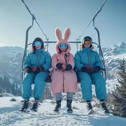 two people sit on a ski lift with bunny ears on