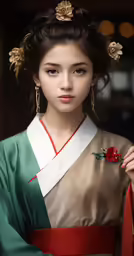 a woman is dressed in a green and white geisha with red sash and flower