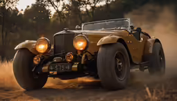 an antique looking car driving on dirt road
