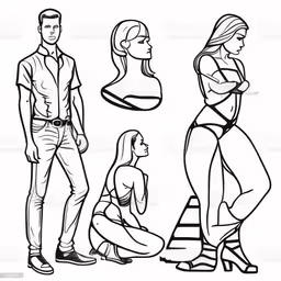 a man and woman posing in different poses,the woman stands on the stool and two men are looking up