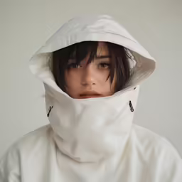 a woman in white is wearing a hooded sweatshirt