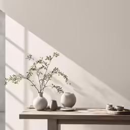 a table with some white vases on top of it