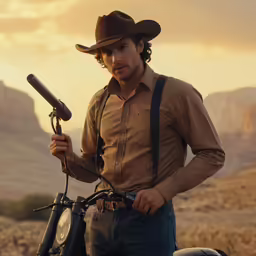 the man in the cowboy hat is holding a bicycle