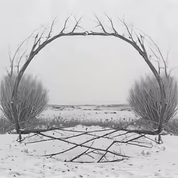 an arch in the snow with a bird sitting on top