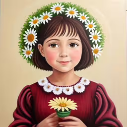 a painting of a young girl with daisies