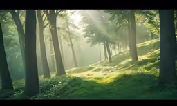 sun shining through the trees above green grass