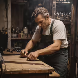 a man cutting wood in the workshop while looking at the machine