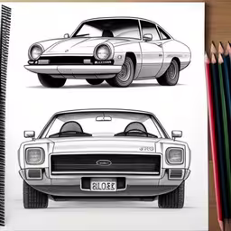 a pair of car drawings on paper and colored pencils,a sketching book containing a drawing and a picture of a ford falcon