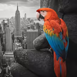 colorful parrot on top of a stone pillar next to a city