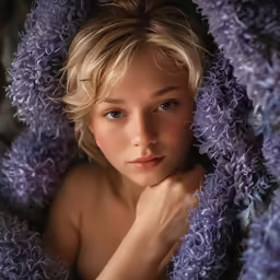young woman with short hair under large purple flower petals