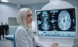 a woman is looking at a ct scan in an office