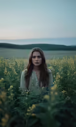 the girl standing in a field of yellow flowers