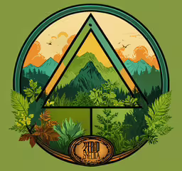 an illustrated triangle with foliage and mountains in the background,the mountains and trees around the triangle logo are depicted