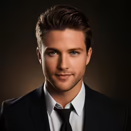 a man with blue eyes in a black suit