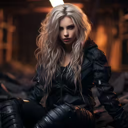 a woman with long blonde hair is wearing black and sits on metal,a beautiful blonde with long hair sitting in black leather