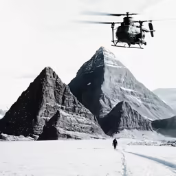 a helicopter with a man walking past it in the snow