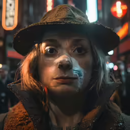 woman in black hat and coat at night with city lights