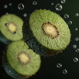a kiwi fruit with lots of bubbles surrounding it
