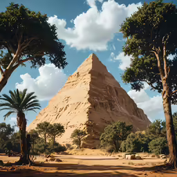 a pyramid is sitting next to trees and dirt