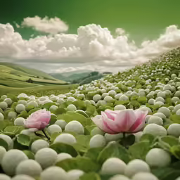 a view of two flowers from some very large rocks