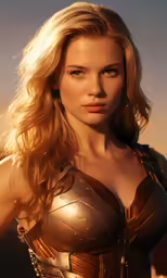 a woman with blonde hair wearing a brown leather outfit