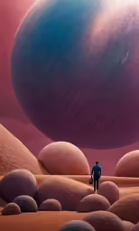 a man walks in front of a giant purple object