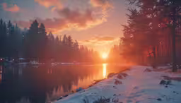 the sun is coming out in a forest next to water