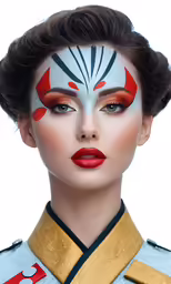 a woman wearing red lipstick with a design on her face