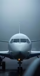 an airplane that is at the airport on a rainy day