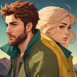 the art for life is so beautiful, it looks like this couple is back from beyond,a woman and a man wearing jackets looking to the distance