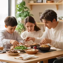 family preparing meal in kitchen with large pot on table
