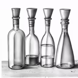 a black and white drawing of different sized bottles