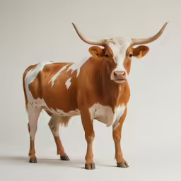 a brown and white cow with horns standing on the ground