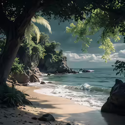 a beach scene with some rocks and water