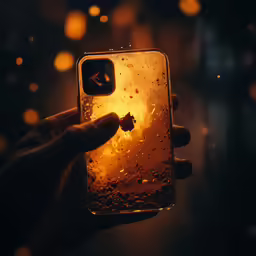 a hand holding a phone with the sun reflecting off it