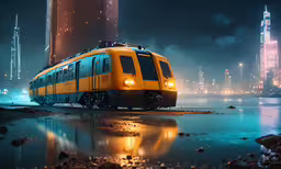 a long yellow train moving past tall buildings,an orange and blue tram train on track with lights at night