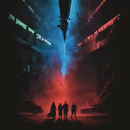 a group of people are standing near a fireball