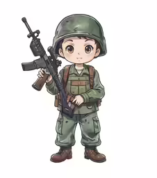 cartoon soldier with rifle and weapon, isolated on white background