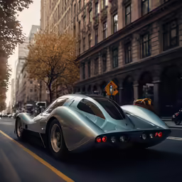 a silver car driving down a street next to tall buildings