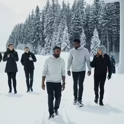 a group of people walking on a snow covered slope