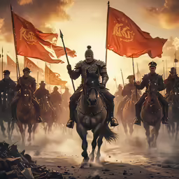 many people on horses are riding in the desert