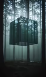 an empty square suspended in the middle of a forest
