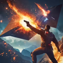 a man holding a gun and a large kite flying over him
