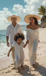 a man and two women walking on the beach