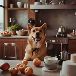 a dog sitting in the kitchen beside fruits and bowls