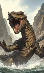 an illustration of the giant lizard is fighting over water