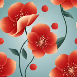 red flower with green leaves is on blue background