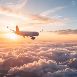 an airplane flying above the clouds at sunset