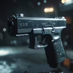 the handgun with the laser on the trigger is in the foreground